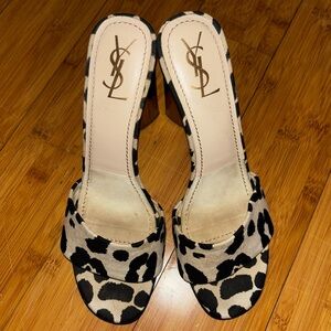 RARE YSL Canvas Leopard Print Sandals with Wood Heels